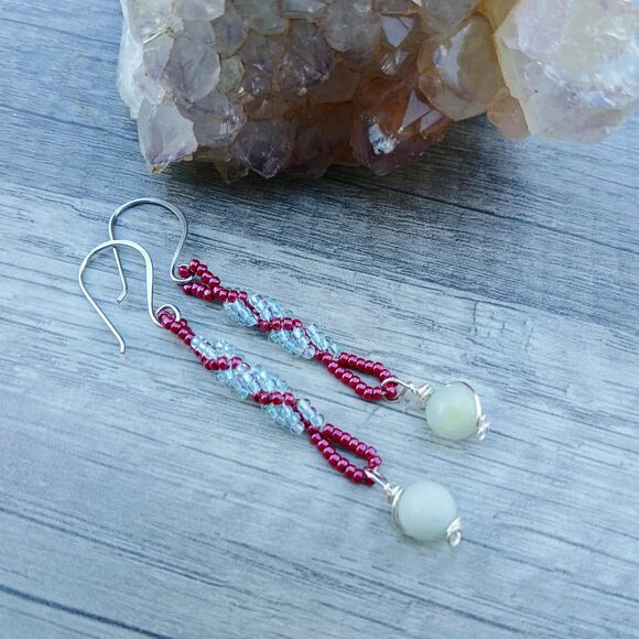 Amazonite Gemstone Spiral Beaded Dangle Earrings, Artisan Boho Chic 3" - Picture 6 of 9